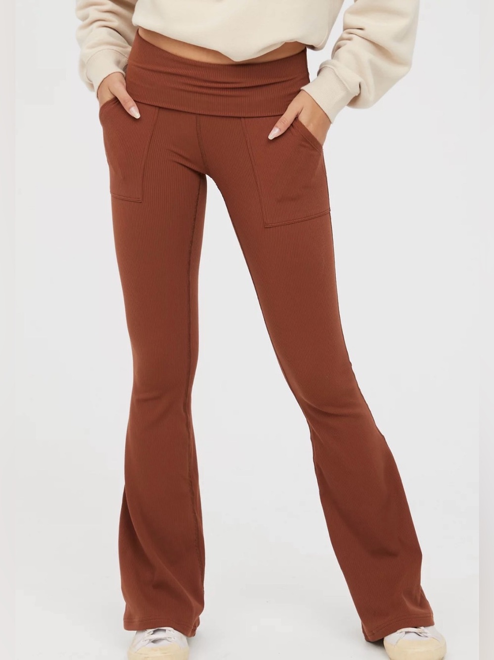 Offline by Aerie Brown Ribbed Pocket Foldover Flare Legging Size M